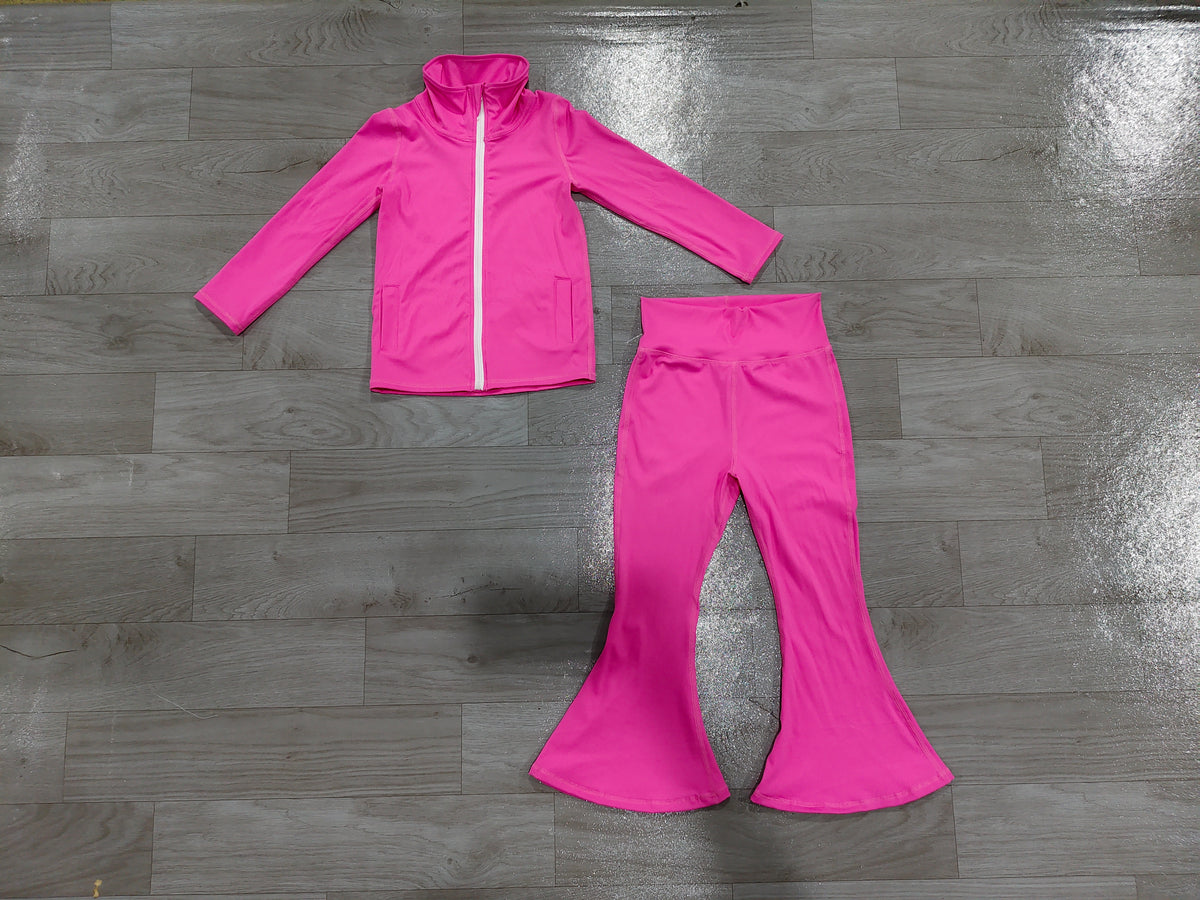 7.29  Preorder  Kids Girls Hot Pink Solid Color Pullover Top with Bell Bottom Pants Active Outfit
