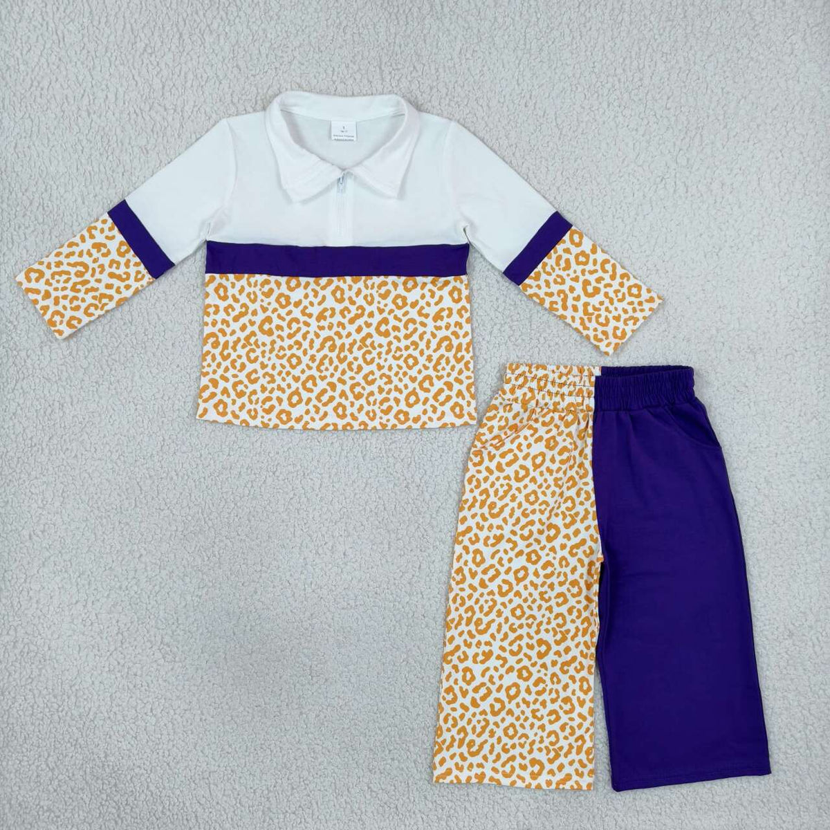 GLP3580 Teams Leopard Zipper Pullover Top Pockets Split Pants Girls Clothes Set