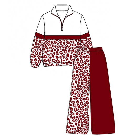 7.29  Preorder  Kids Girls Maroon Leoaprd Pullover Top with Patch Pants Outfit