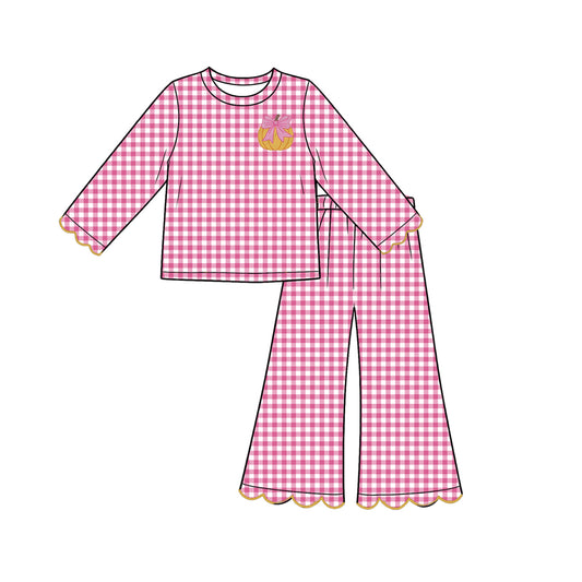 7.31  Preorder Kds Girls Pumpkin Pink Gingham Scalloped Pants Outfit
