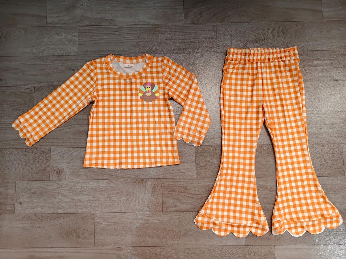 7.31  Preorder Kds Girls Turkey Orange Gingham Scalloped Pants Outfit
