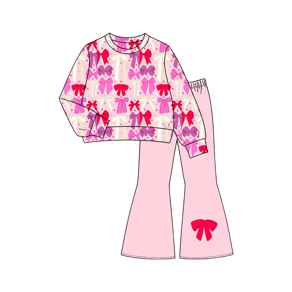8.1 Preorder  Kids Girls Valentine's Day Bow Long Sleeve Top with Pink Bell Bottom Pants Set
