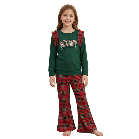 GLP3595 Merry Christmas Embroidery Green Top with Plaid Bell Bottom Pants Girls Outfit