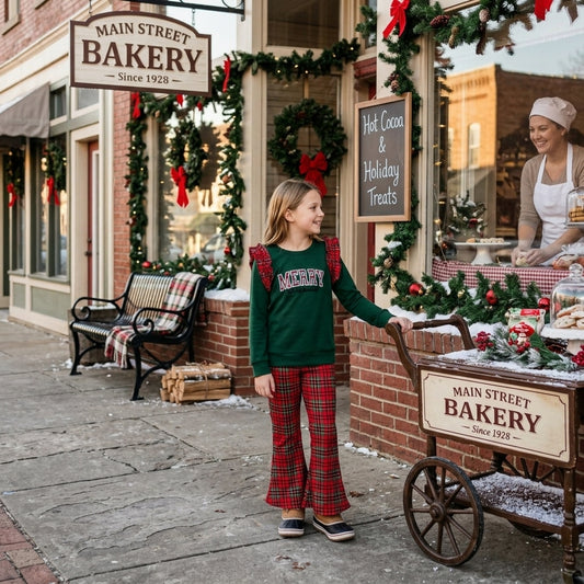 GLP3595 Merry Christmas Embroidery Green Top with Plaid Bell Bottom Pants Girls Outfit