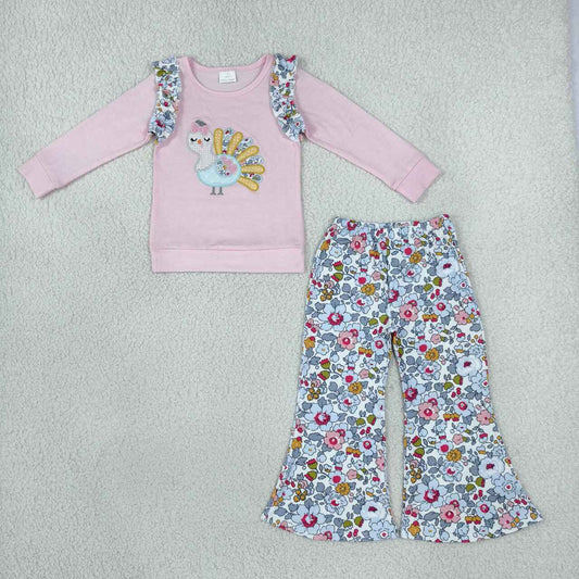 Sibling Baby Girls Thanksgiving Embroidery Turkey Floral Pants Outfit and Romper