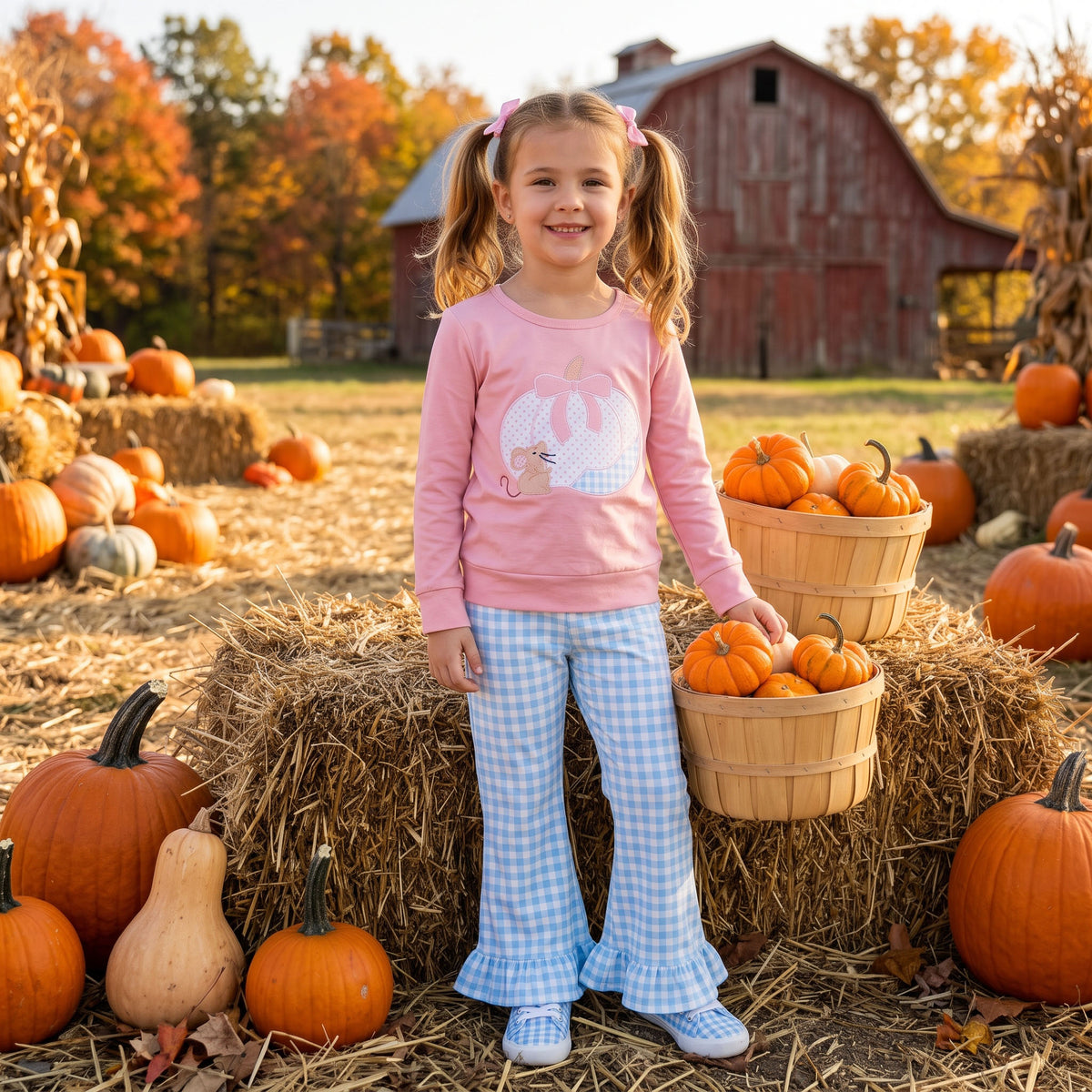 GLP3598 Pumpkin Mouse Pink Top Gingham Bell Pants Girls Fall Clothes Set