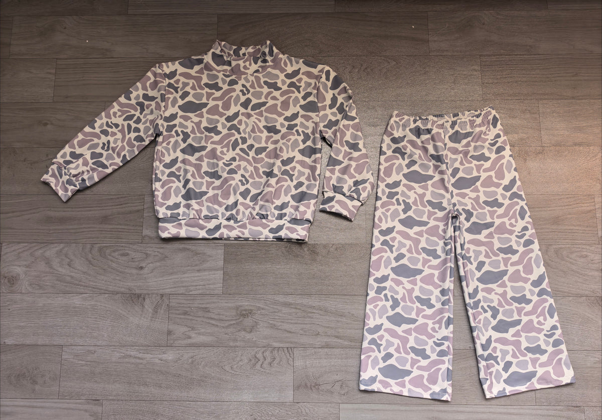 Grey Camo Print Long Sleeve Top Pockets Pants Girls Yoga Clothes Set