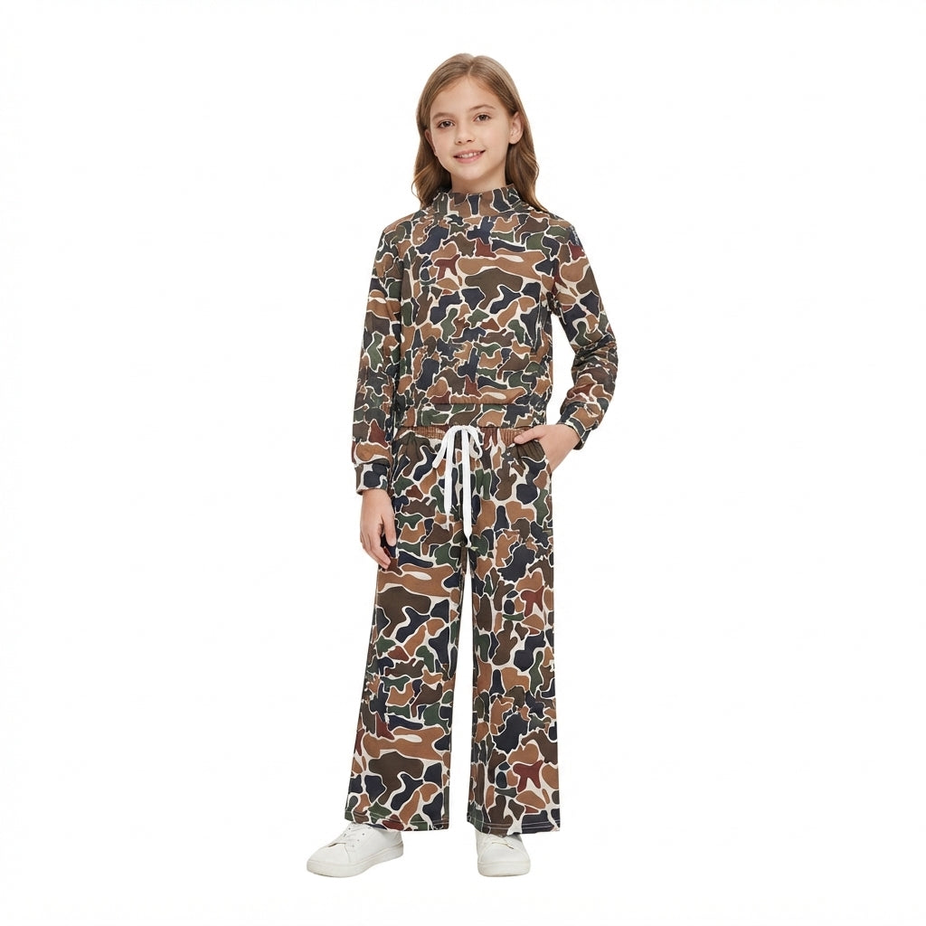 GLP3601 Brown Camo Print Long Sleeve Mock Neck Top Pockets Pants Girls Yoga Clothes Set