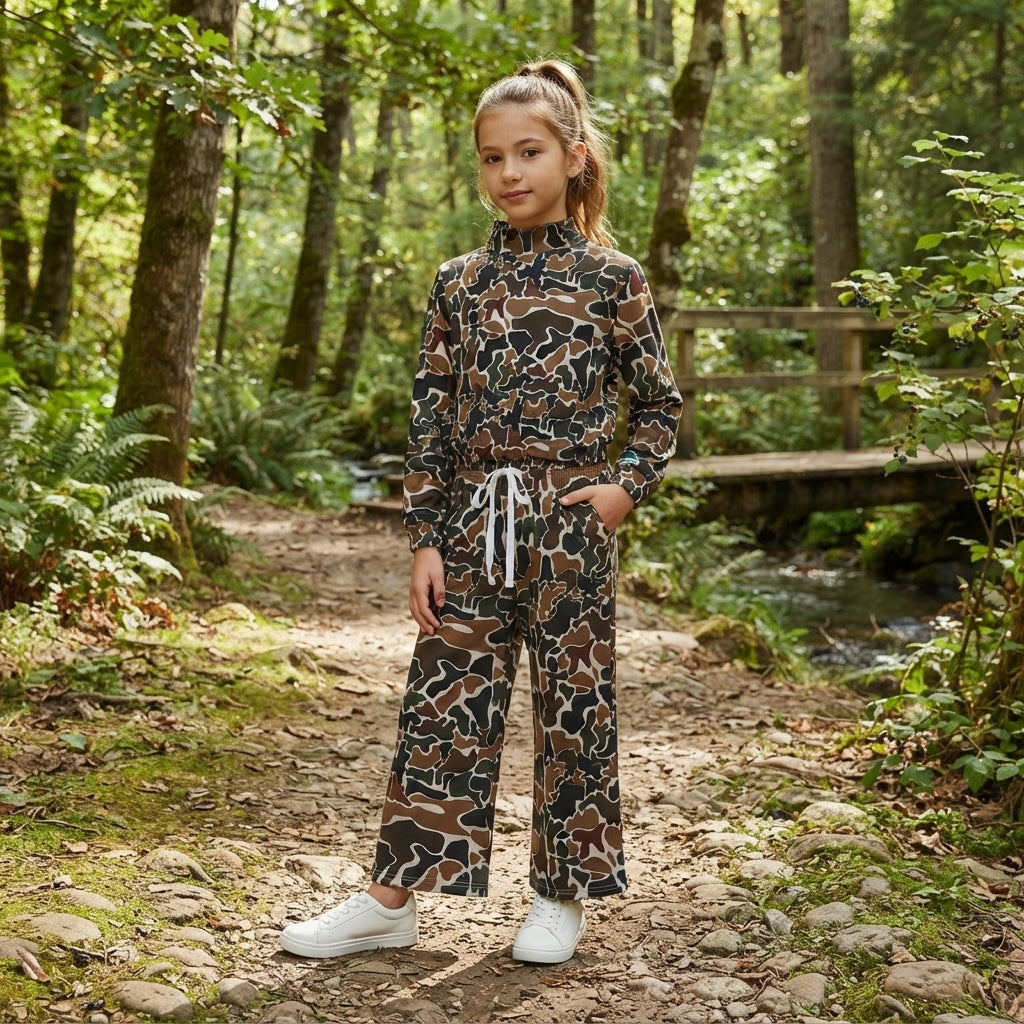 GLP3601 Brown Camo Print Long Sleeve Mock Neck Top Pockets Pants Girls Yoga Clothes Set