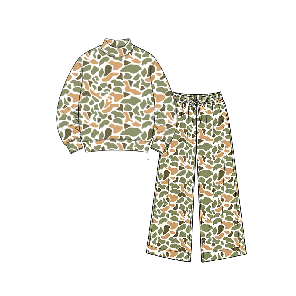 8.1 GLP3603 Preorder Orange Green Camo Print Long Sleeve Top Pockets Pants Girls Yoga Clothes Set
