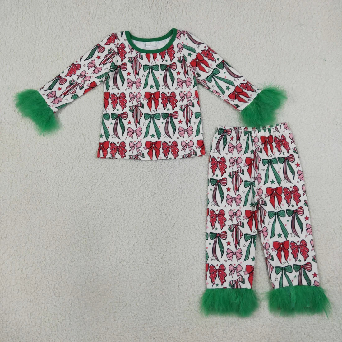 Sibling Kids Girls Bows Pumpkin Print Long Sleeve Pajama Set with Fur