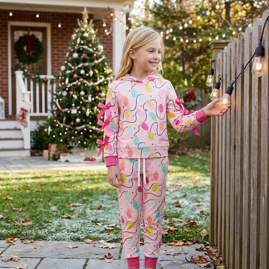GLP3613 Toddler Girls Christmas Light Print Hooded Top & Jogger Pants 2Pcs Outfit Set with Sleeve Bows