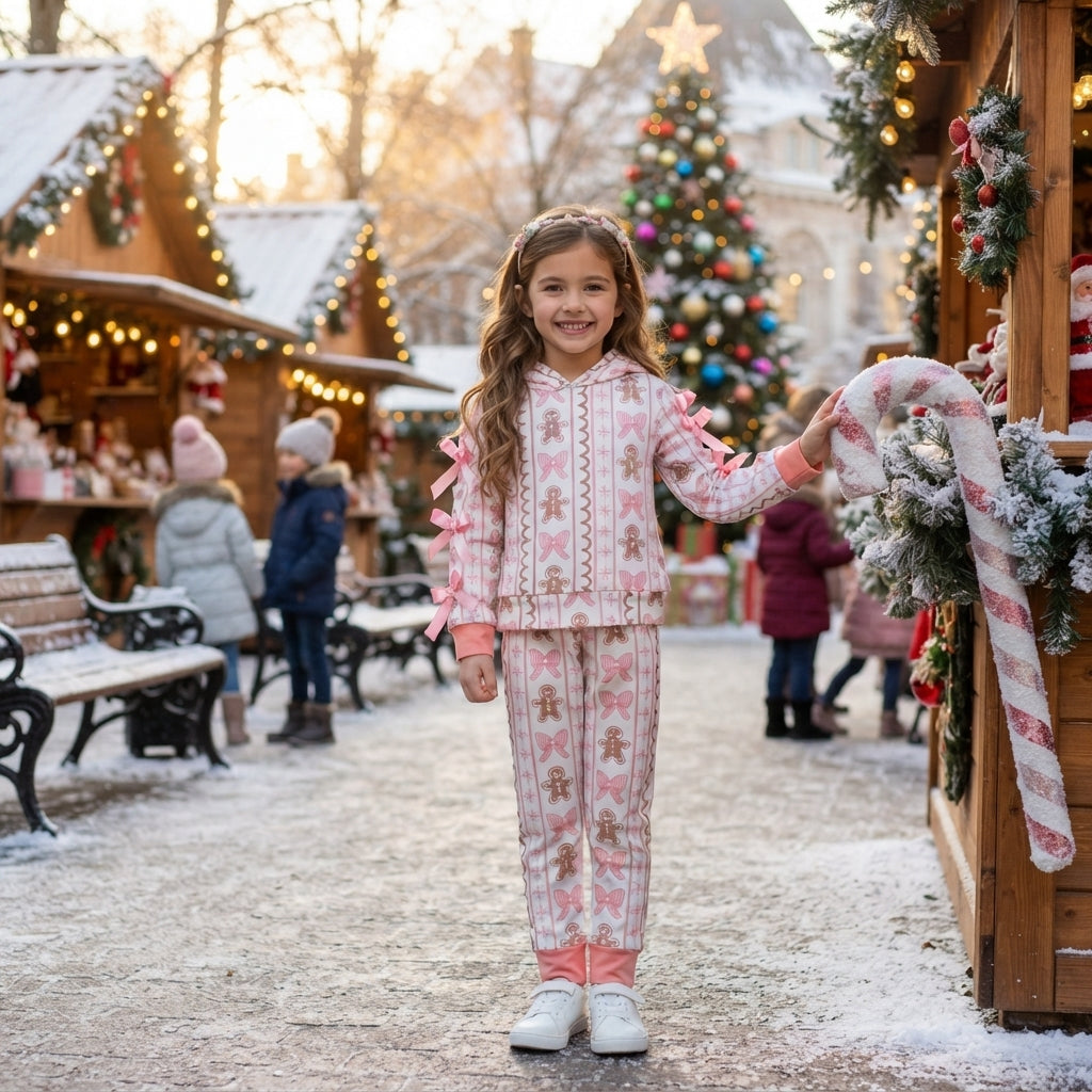 GLP3614 Gingerbread Pink Bows Hoodie Top Pockets Jogger Girls Christmas Clothes Set