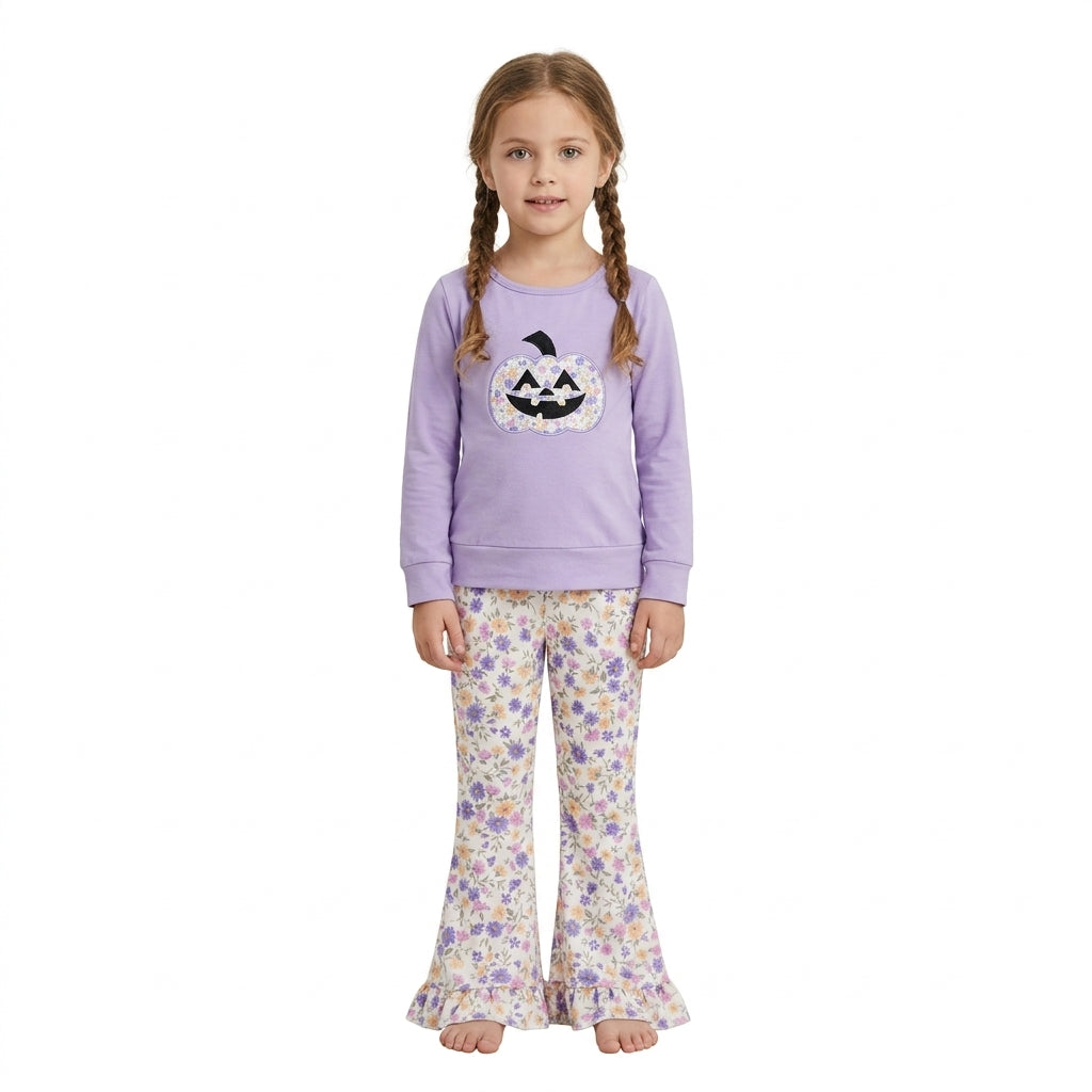 GLP3618 Pumpkin Embroidery Purple Top Floral Bell Pants Baby Girls Halloween Outfits
