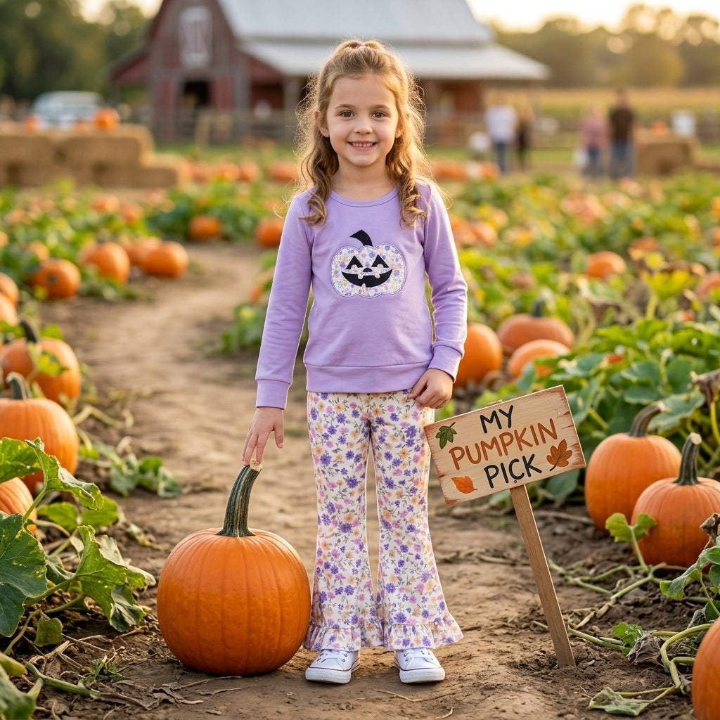 GLP3618 Pumpkin Embroidery Purple Top Floral Bell Pants Baby Girls Halloween Outfits