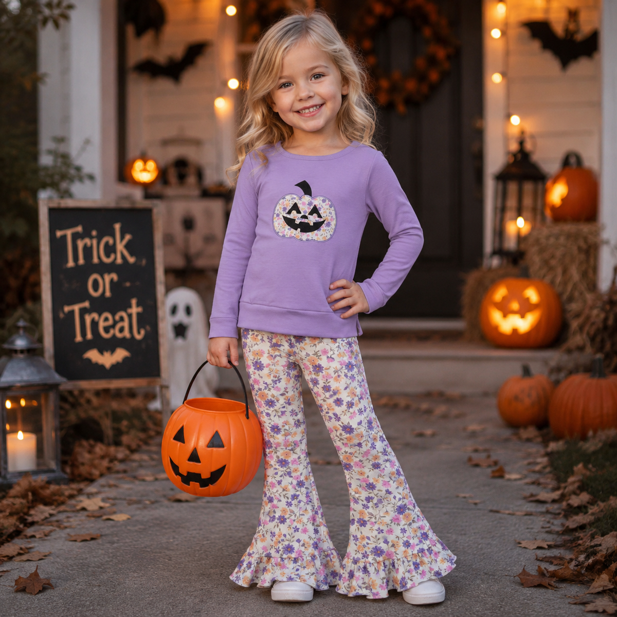 GLP3618 Pumpkin Embroidery Purple Top Floral Bell Pants Baby Girls Halloween Outfits