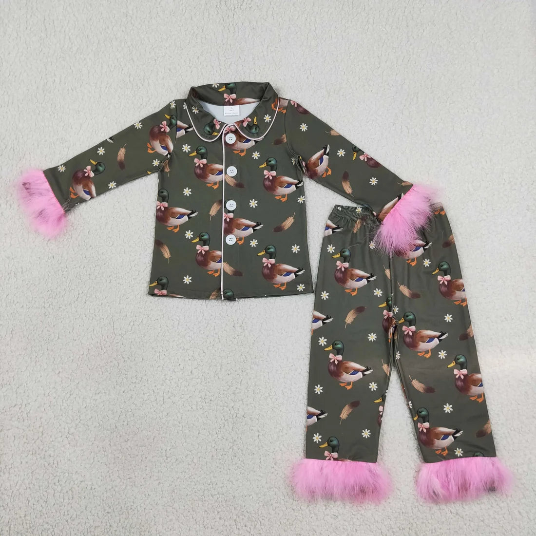 Sibling Kids Girls Bows Pumpkin Print Long Sleeve Pajama Set with Fur