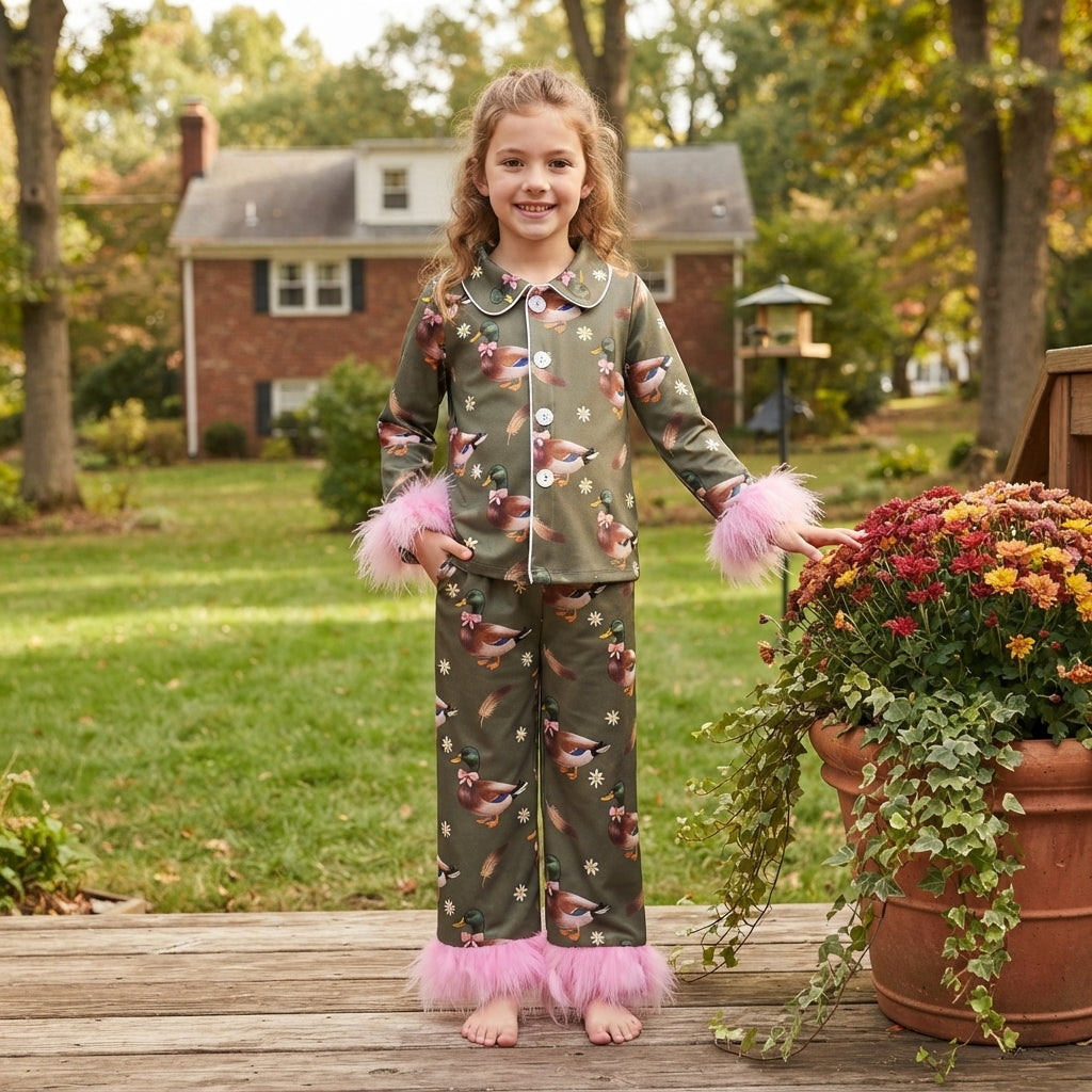 GLP3629 Mallard Duck Print Girls Fur Buttons Pajamas Clothes Set