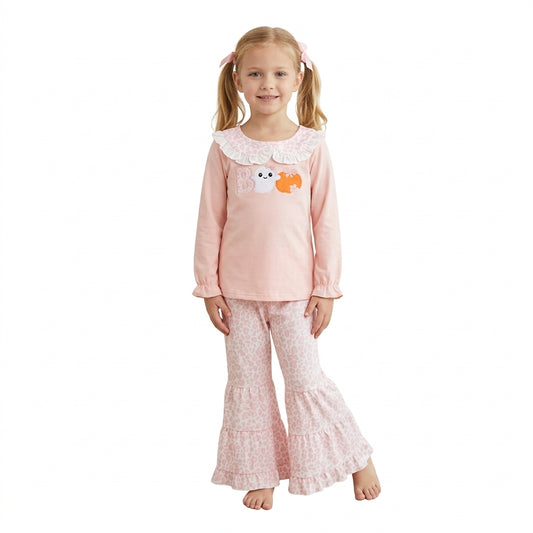 GLP3630 BOO Ghost Pumpkin Embroidery Pink Top Leopard Bell Pants Girls Halloween Outfits