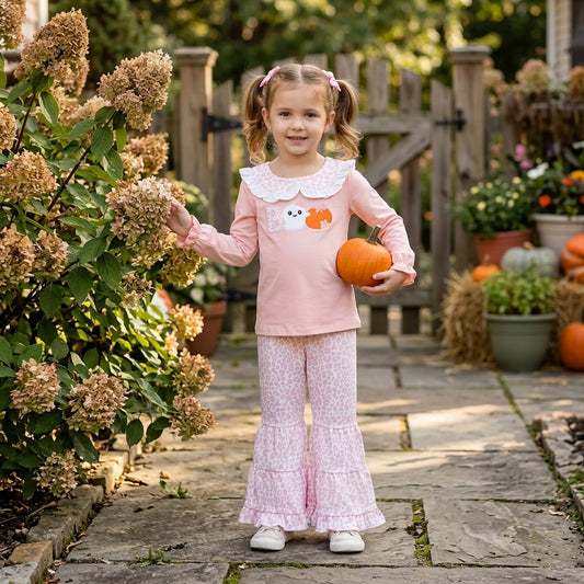 GLP3630 BOO Ghost Pumpkin Embroidery Pink Top Leopard Bell Pants Girls Halloween Outfits