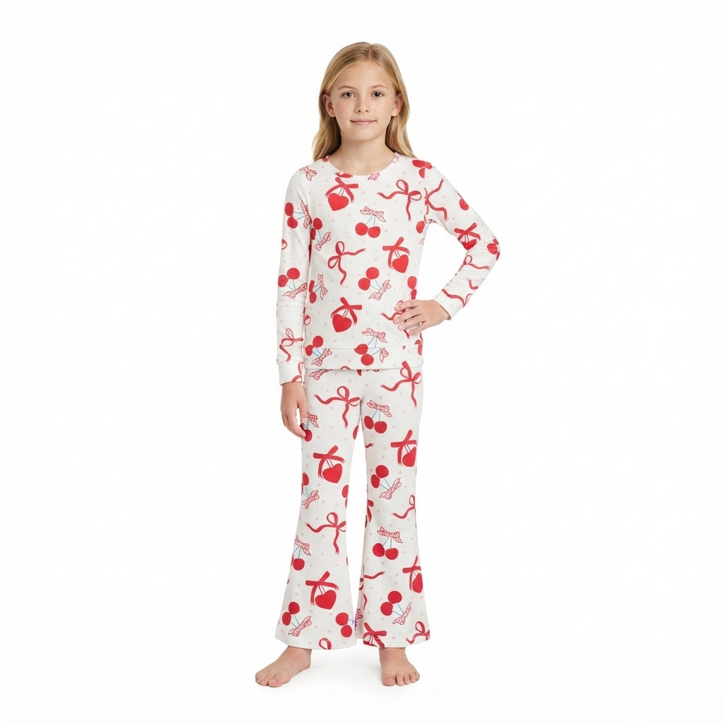 GLP3636 Cherry Hearts Bows Print Girls Valentine's Day Clothes Set