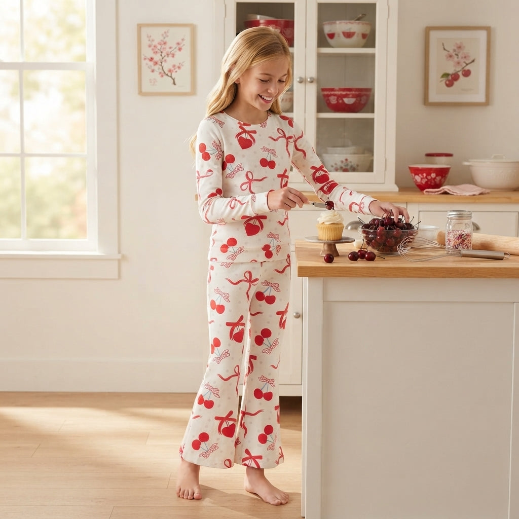 GLP3636 Cherry Hearts Bows Print Girls Valentine's Day Clothes Set