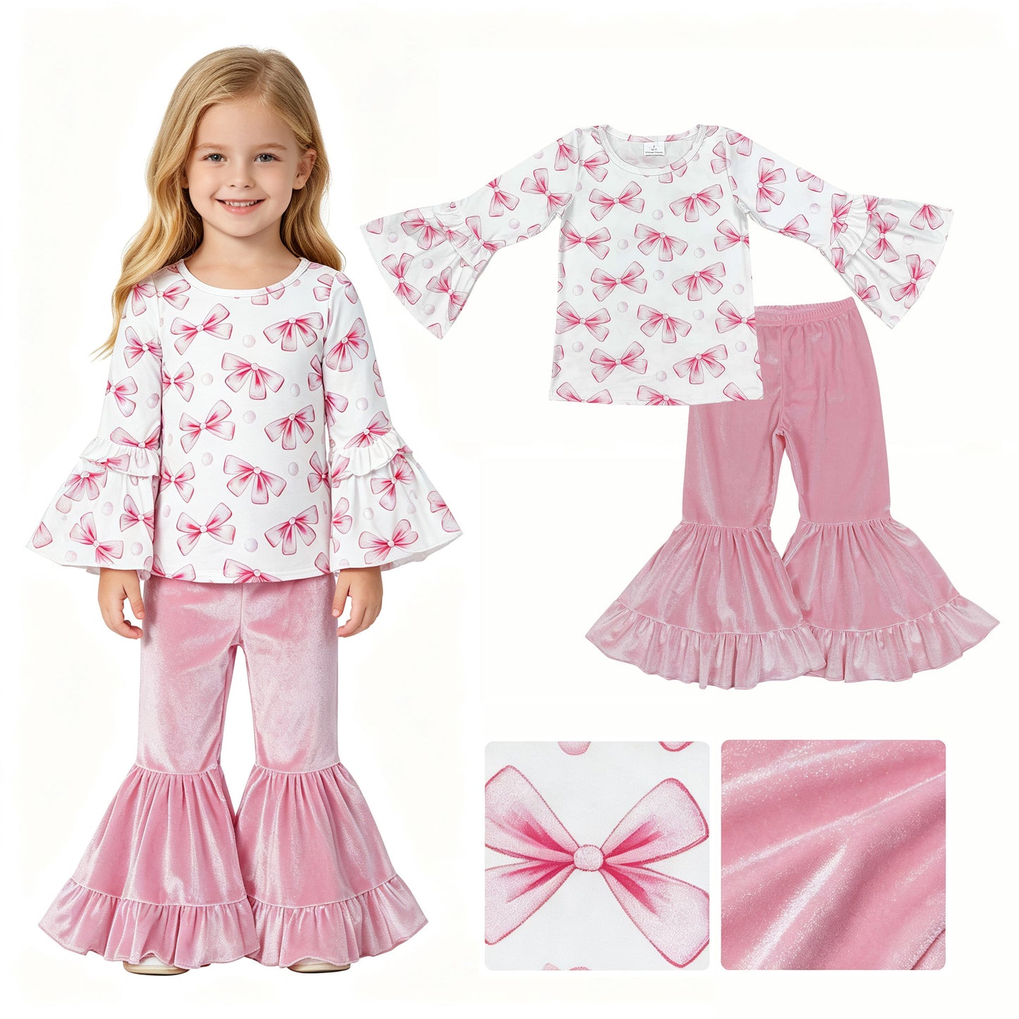 GLP3638 Pink Bows Top Velvet Bell Pants Girls Clothes Set