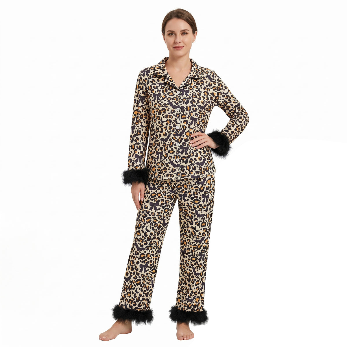 Mommy and Me Halloween Leopard Bats Button Long Sleeve Pajama Set with Fur