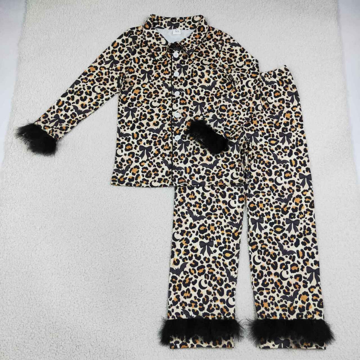 GLP3639 Adult Bat Bows Leopard Print Woman Halloween Fur Buttons Pajamas Clothes Set