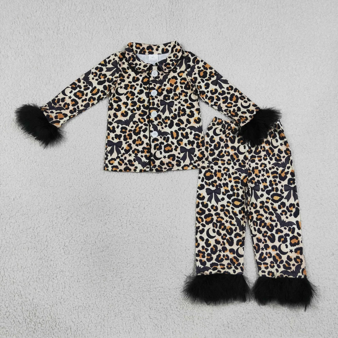 Mommy and Me Halloween Leopard Bats Button Long Sleeve Pajama Set with Fur