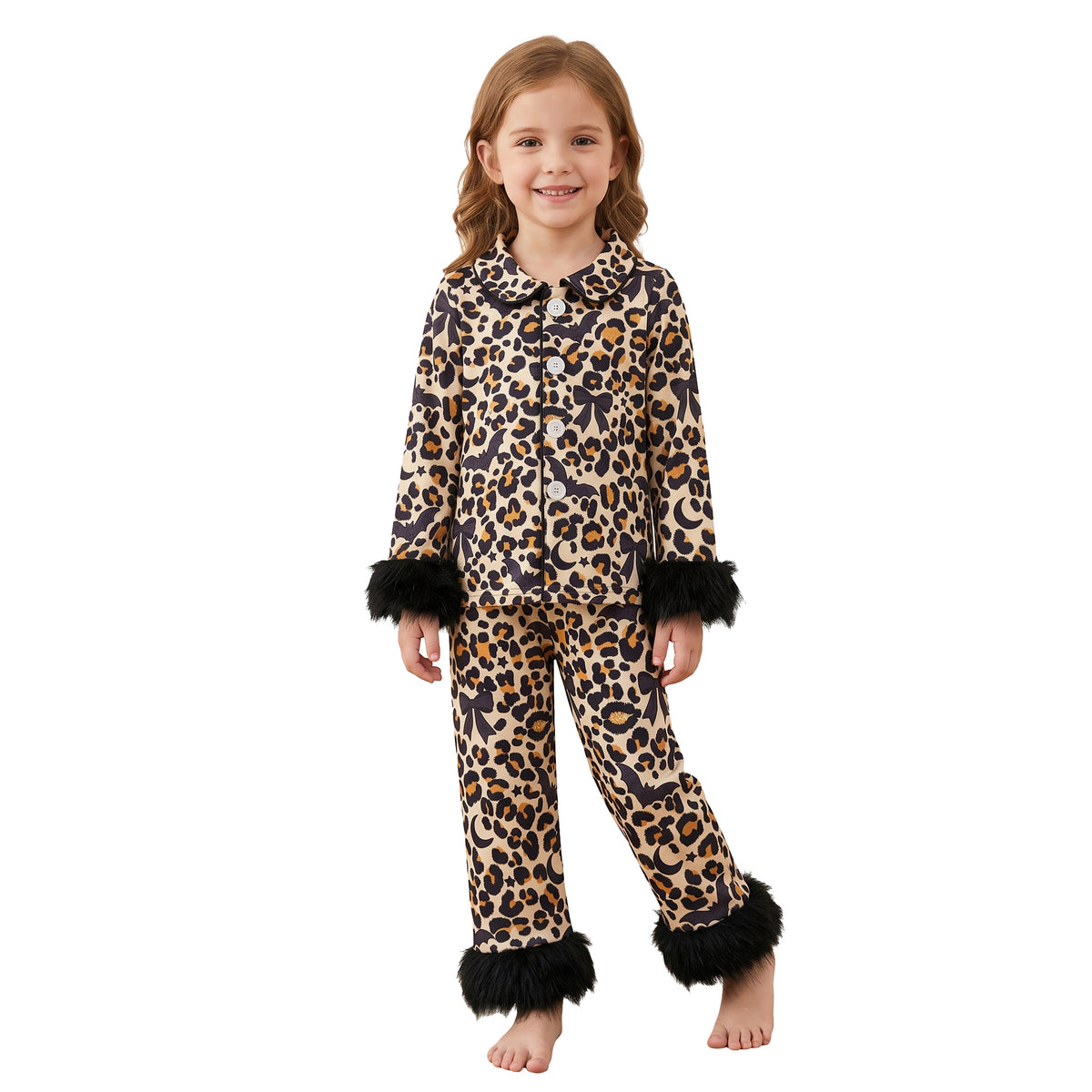 GLP3640 Bat Bows Leopard Print Girls Halloween Fur Buttons Pajamas Clothes Set