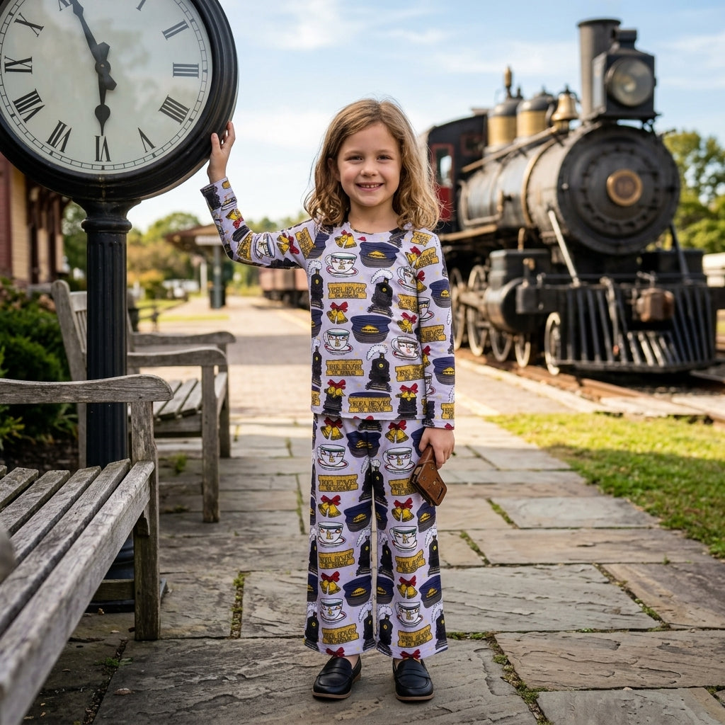 GLP3641 Film Characters Train Believe in Jesus Top Pockets Pants Girls Christmas Clothes Set