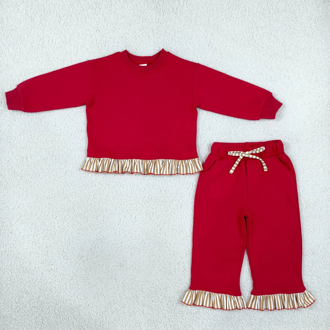 Sibling Toddler Girls Striped Ruffle Trim Long Sleeve Sweater Pocket Pants Outfit