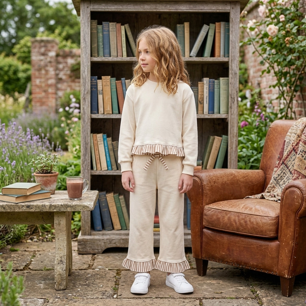 GLP3645 Cream Thick Cotton Sweatshirt Flare Pants Girls Fall Clothes Set