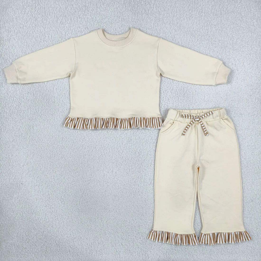 Sibling Toddler Girls Striped Ruffle Trim Long Sleeve Sweater Pocket Pants Outfit