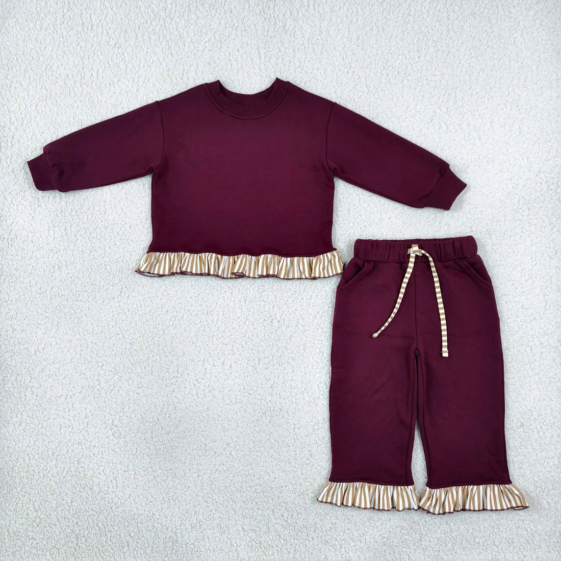 Sibling Toddler Girls Striped Ruffle Trim Long Sleeve Sweater Pocket Pants Outfit