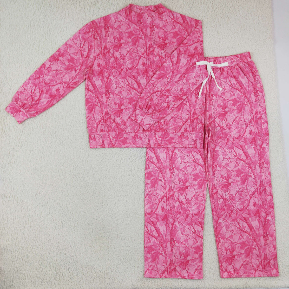 GLP3651 Pink Branch Print Mock Neck Long Sleeve Top Pockets Pants Woman Clothes Set