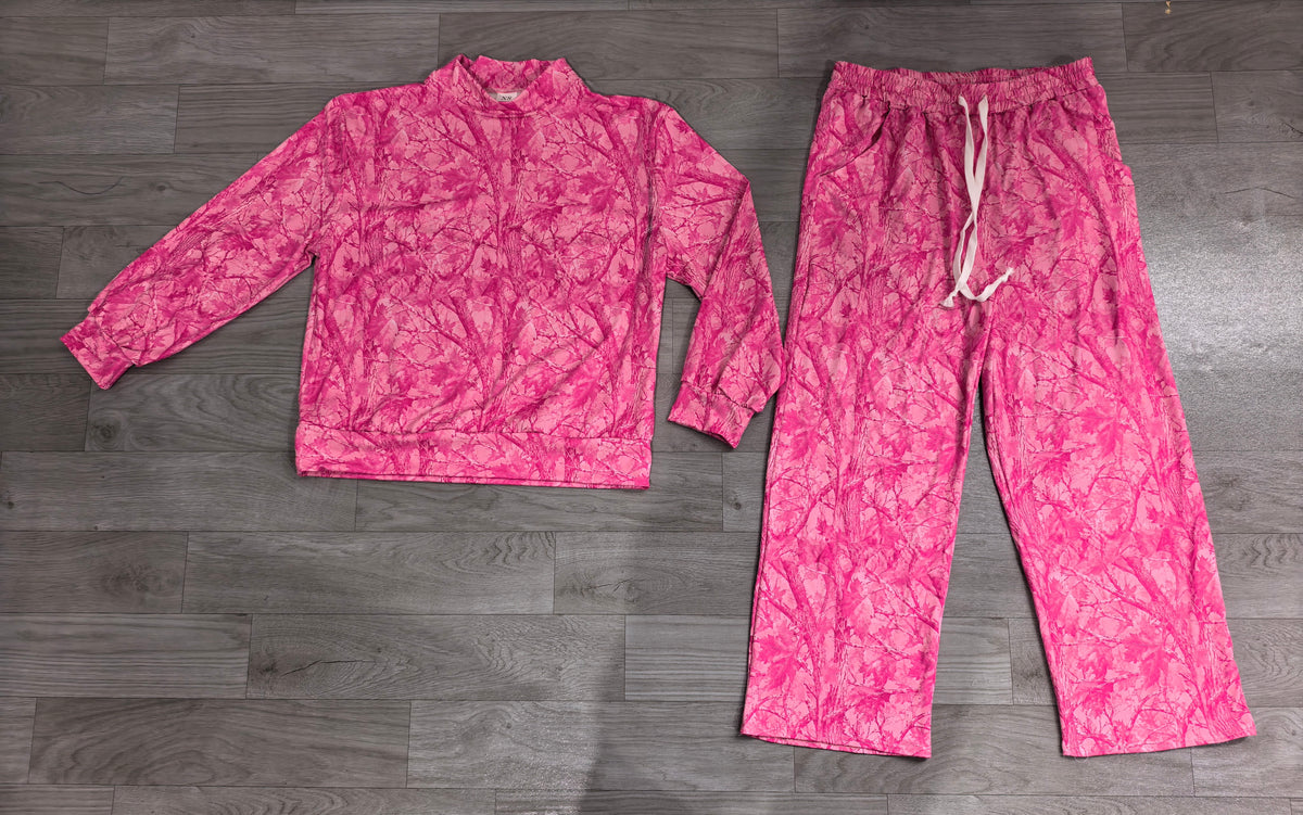 8.8 GLP3651 Preorder Pink Branch Print Long Sleeve Top Pockets Pants Woman Clothes Set