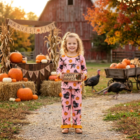 GLP3655 Animals Pumpkin Pink Print Girls Fall Pajamas Clothes Set