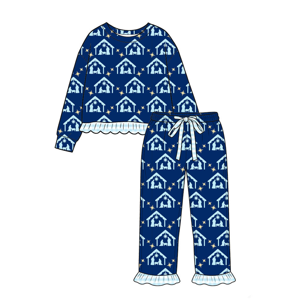 8.8 GLP3659 Preorder Nativity Navy Print Long Sleeve Top Pants Girls Christmas Clothes Set