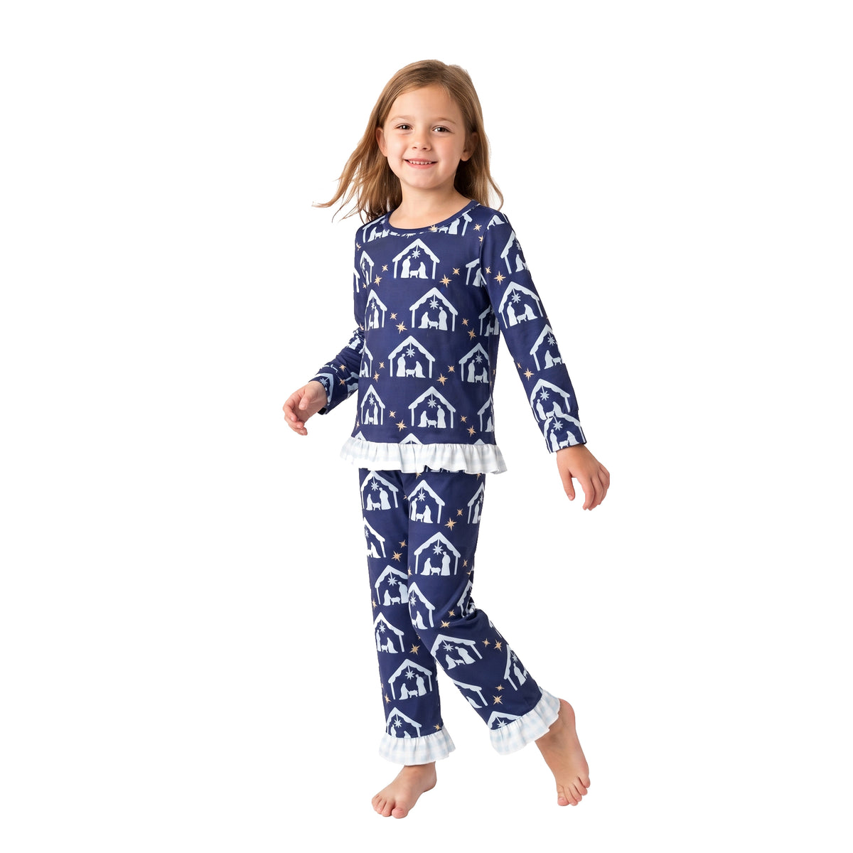GLP3659 Nativity Navy Print Long Sleeve Top Pants Girls Christmas Ruffle Clothes Set
