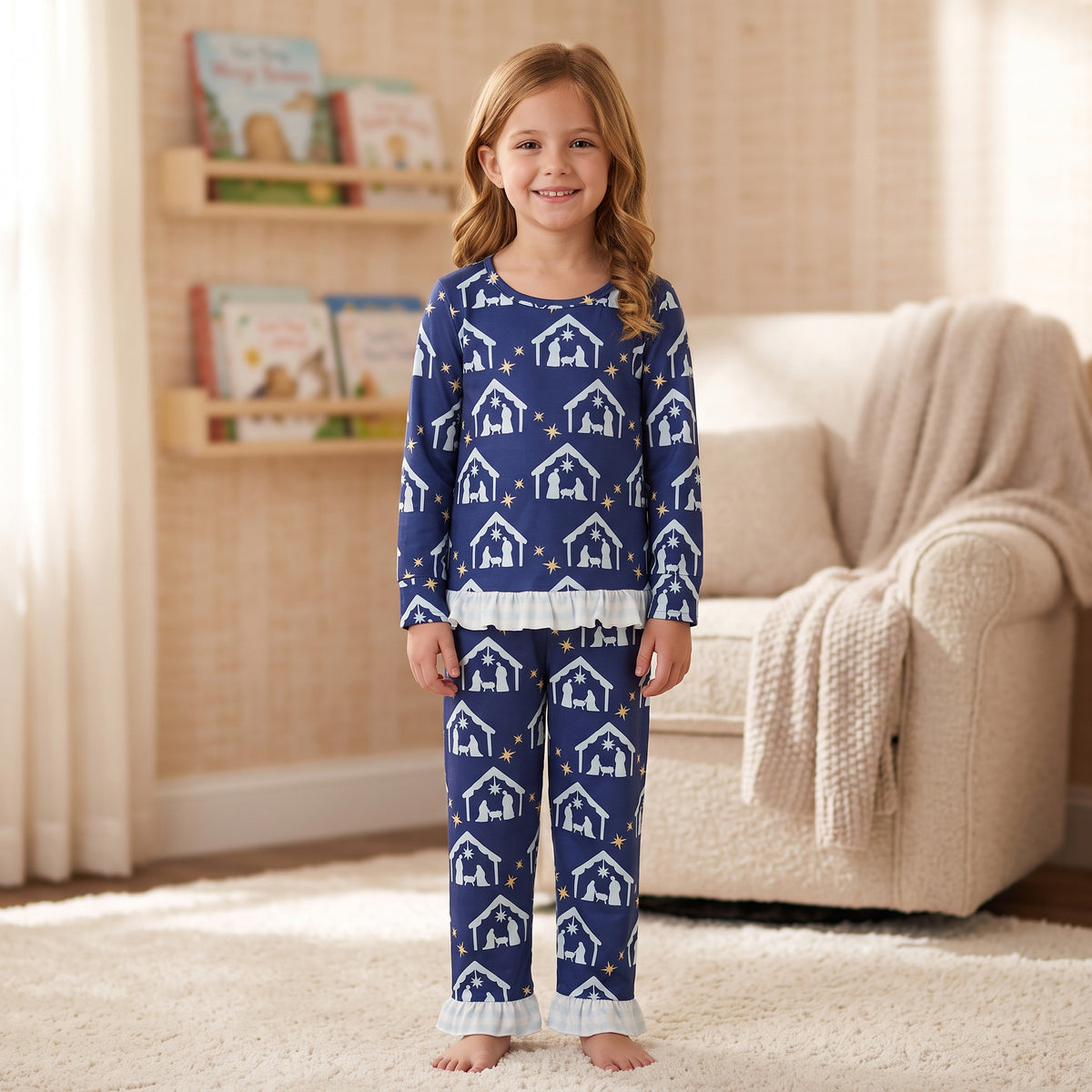 GLP3659 Nativity Navy Print Long Sleeve Top Pants Girls Christmas Ruffle Clothes Set