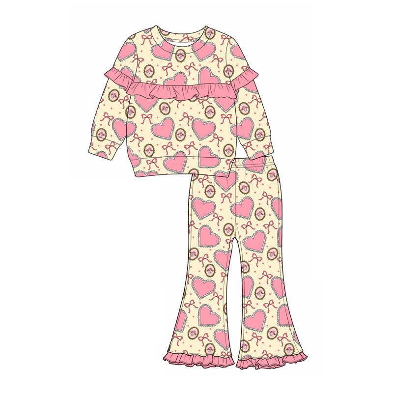 8.10 GLP3666 Preorder Heart Bows Pink Ruffle Top Bell Pants Girls Valentine's Day Clothes Set