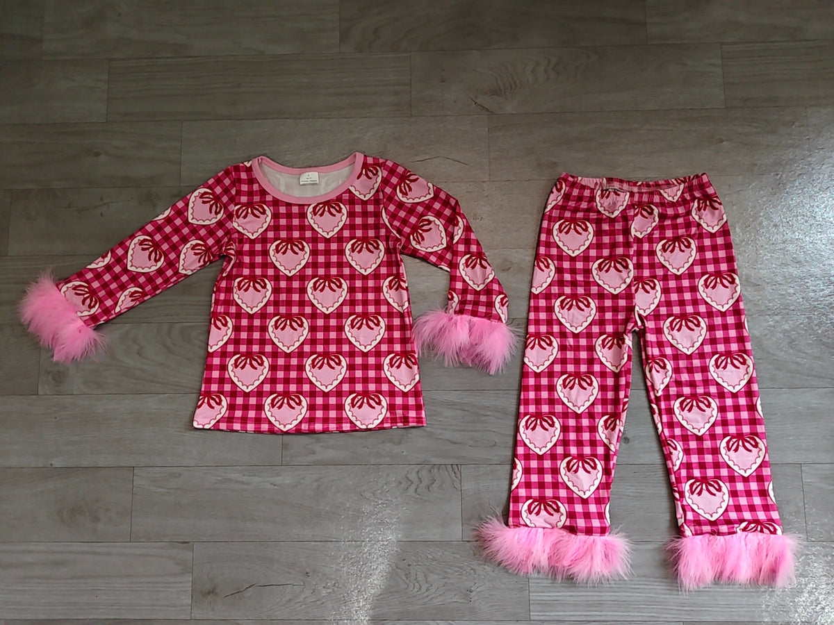 8.10 GLP3669 Preorder Hearts Pink Bows Checkered Print Girls Valentine's Day Fur Pajamas Clothes Set
