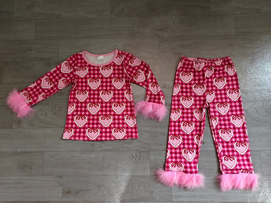 8.10 GLP3669 Preorder Hearts Pink Bows Checkered Print Girls Valentine's Day Fur Pajamas Clothes Set