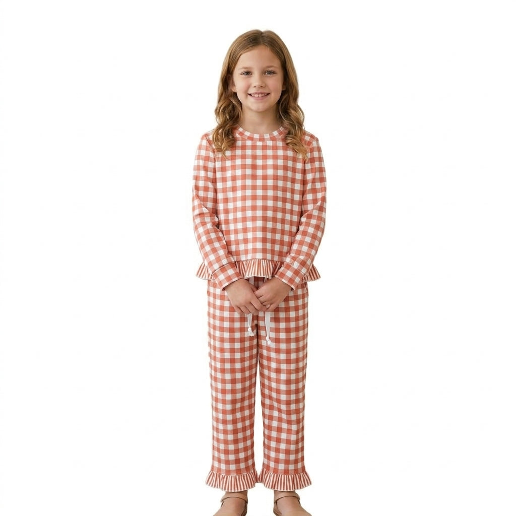 GLP3672 Orange Gingham Long Sleeve Top Pockets Ruffle Pant Girls Clothes Set