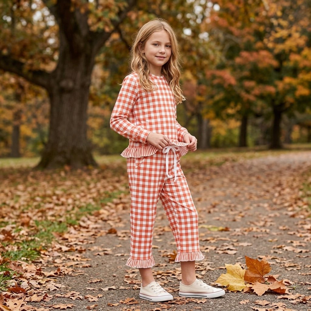 GLP3672 Orange Gingham Long Sleeve Top Pockets Ruffle Pant Girls Clothes Set