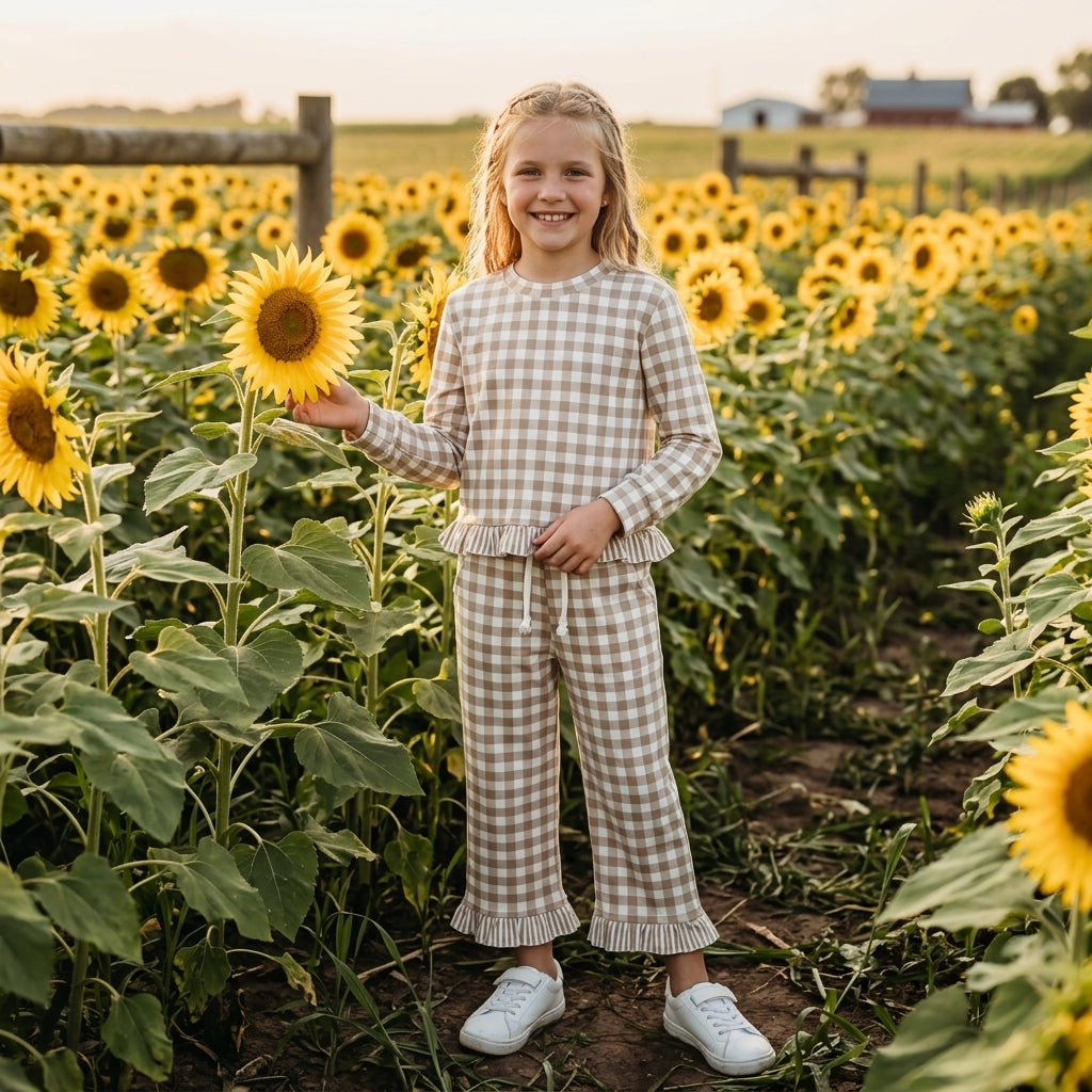 GLP3674 Khaki Gingham Long Sleeve Top Pockets Ruffle Pant Girls Clothes Set