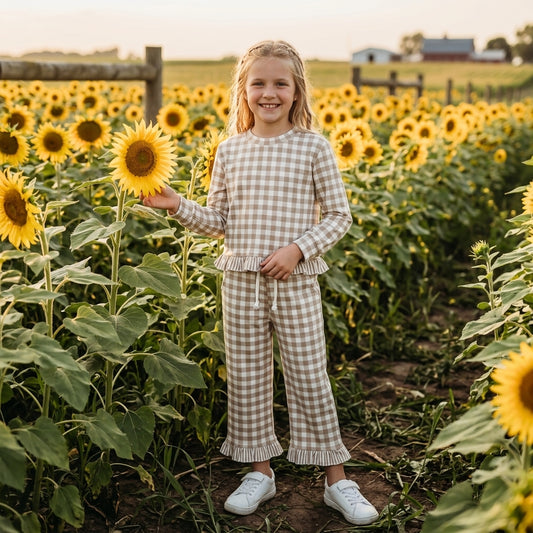 GLP3674 Khaki Gingham Long Sleeve Top Pockets Ruffle Pant Girls Clothes Set