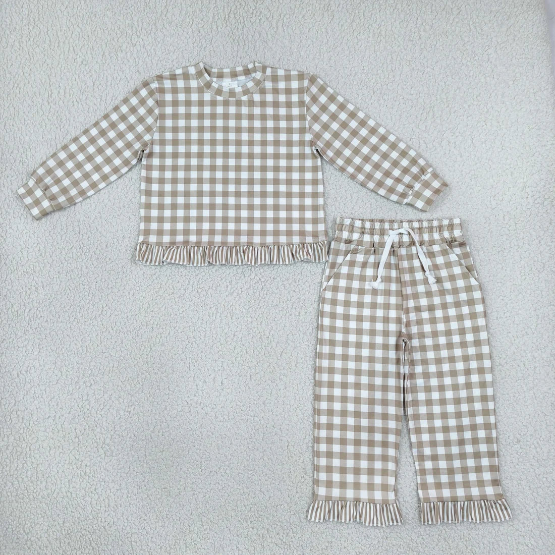Sibling Kids Girls Gingham Long Sleeve Top with Pants Outfit with Ruffle